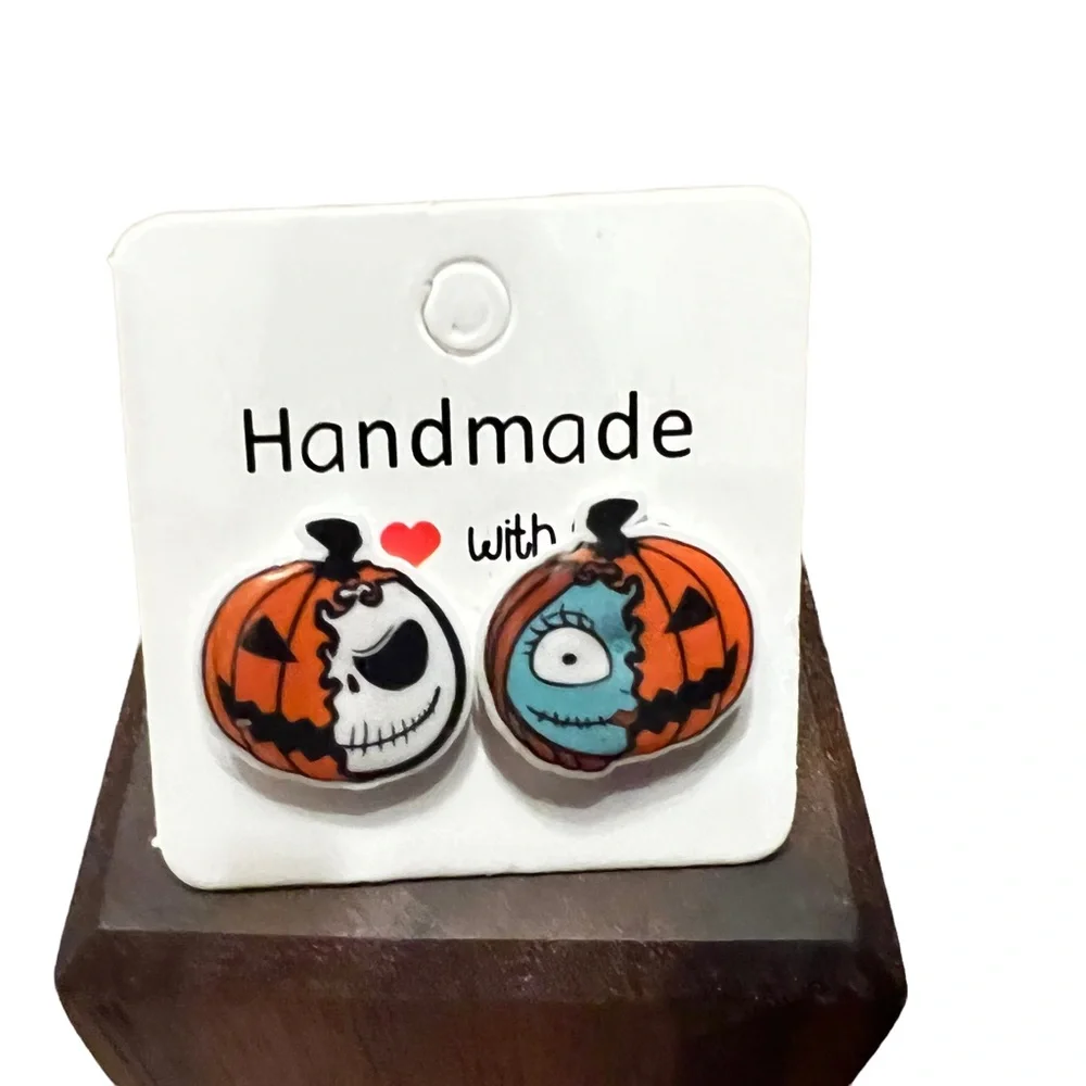 Jack and Sally, jack-o’-lantern, pumpkin stud earrings. New - Picture 1 of 11